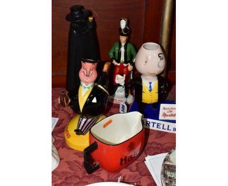 FIVE ADVERTISING ITEMS, comprising Carltonware 'Martell Brandy', height 20cm (missing glass eye piece and cigarette) and a 'H