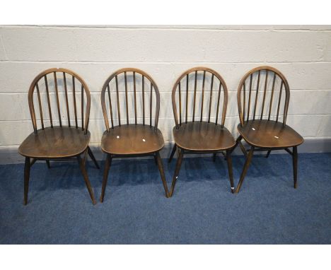 A SET OF FOUR ERCOL MODEL 139 WINDSOR KITCHEN CHAIRS (condition - damaged hoop to one chair)