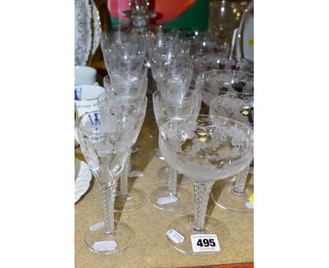 STUART CRYSTAL GLASSWARE AND CUT GLASS DECANTER, comprising three sets of crystal glasses with grape and vine design and air 