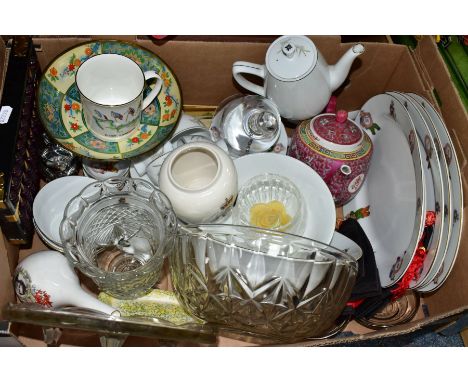 A BOX OF CERAMICS AND GLASS AND BOXED AURORA DERBY DAY GAME, including Chinese handpainted tea ware with bamboo pattern (tea 