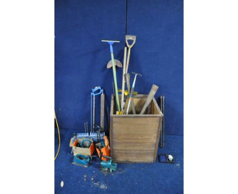 A TEA CHEST CONTAINING HAND AND GARDEN TOOLS including a cased Green Hardness dial meter, three Black and Decker vintage dril