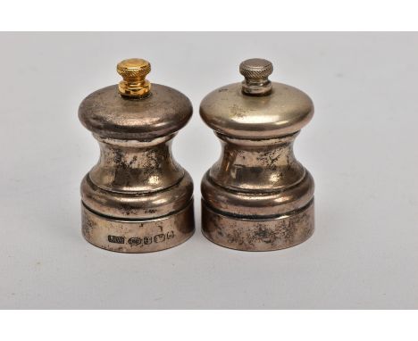 A PAIR OF SILVER SALT AND PEPPER MILLS, plain polished design, hallmarked 'Laurence R Watson &amp; Co' Birmingham 2005-07, ap