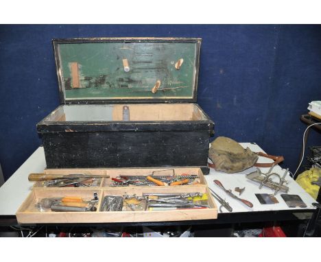 A VINTAGE WOODEN TOOLCHEST with two trays, width 86cm depth 40cm height 36cm (split to top) containing a Record No 044 Plough