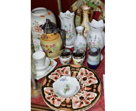 A GROUP OF 20TH CENTURY VASES, PLATES, TRINKETS, etc, to include a W. Wood &amp; Co ewer, florally decorated with plated hand