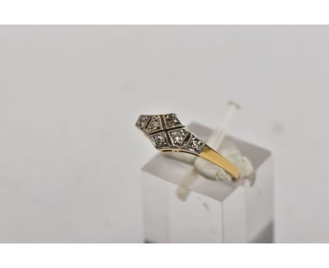 AN ART DECO DIAMOND SET RING, yellow and white metal ring, the head of the ring as an almost lozenge shape, set with six claw