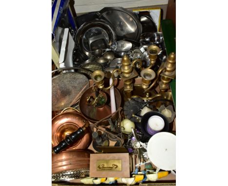 TWO BOXES AND LOOSE METALWARES, LAMPS, etc, to include a quartz clock (battery operated), pair brass candleholders/arbras, st