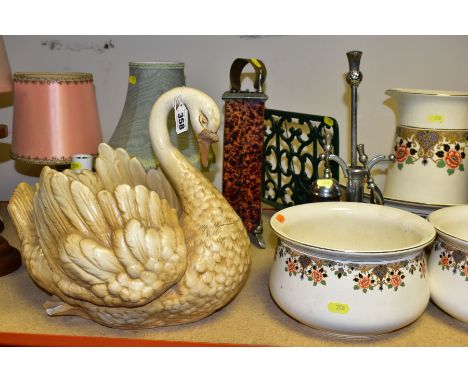 A GROUP OF TABLE LAMPS, SCALES, FIRESIDE ITEMS, CERAMICS, etc, including a late Victorian pottery jardiniere of swan form (a/