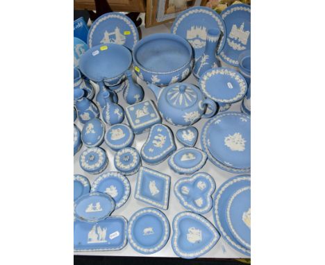 FORTY FOUR PIECES OF PALE BLUE WEDGWOOD JASPERWARE, to include teapot, two footed bowls (diameters 18cm and 20cm), six vases 