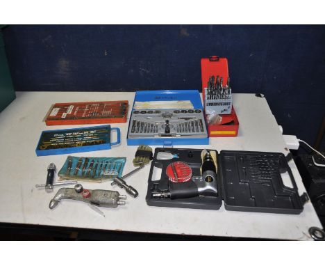 A COLLECTION OF ENGINEERING TOOLS including three tap and die sets, a cased Tooltec Pnuematic drill , a Stone and Chance Oxy-