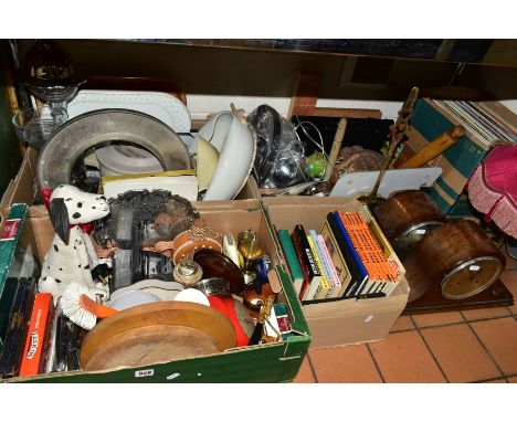 FIVE BOXES AND LOOSE ITEMS to include a box of books (18 biography and non fiction titles), two mantel clocks, kitchenalia in