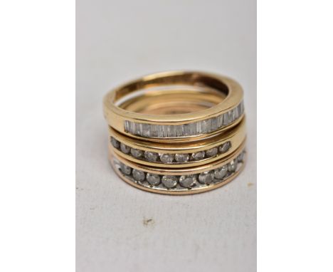 THREE 9CT GOLD DIAMOND SET HALF ETERNITY RINGS, two rings each set with a row of round brilliant cut diamonds, the other set 