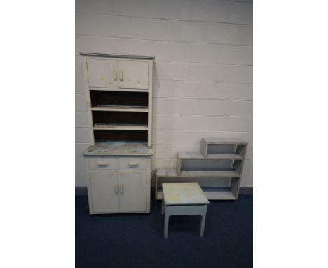 AN EARLY 20TH CENTURY WHITE PAINTED KITCHEN UNIT, double cupboard doors above two shelves, two drawers above cupboard doors t