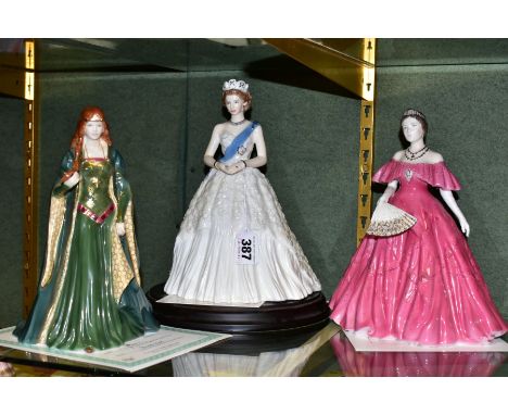 THREE ROYAL WORCESTER LIMITED EDITION FIGURES, comprising 'Her Regal Majesty' No.349/4950, with wooden plinth, 'Queen Elizabe