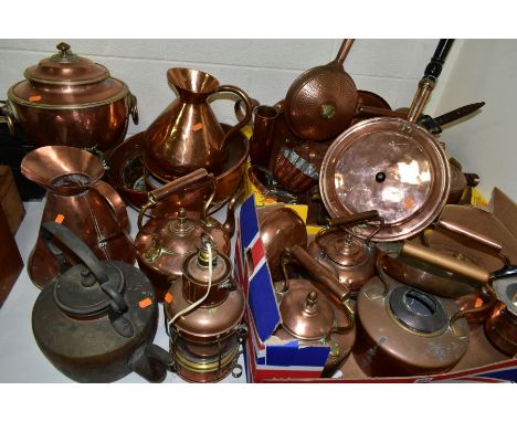 TWO BOXES AND LOOSE OF COPPER AND BRASSWARE to include kettles, bed warmers, watering can, lantern, jugs, pots and pans, samo