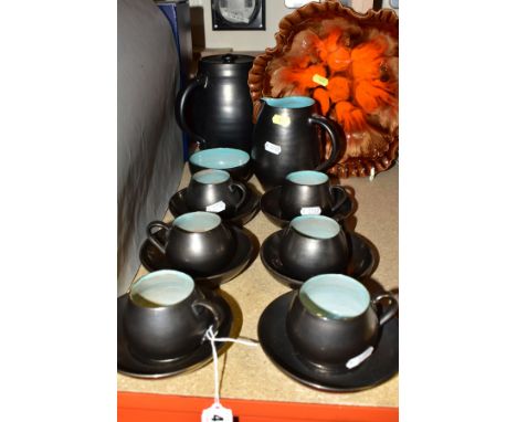 FIFTEEN PIECES OF LAKES CORNISH POTTERY, TRURO COFFEE SET AND FOREIGN CERAMIC DISH, the coffee set consisting of six cups and