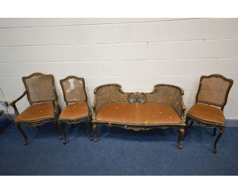 A LOUIS XVI STYLE EBONISED AND GILT FOUR PIECE SALON SUITE, with bergère backs, comprising a sofa, length 118cm x depth 56cm 