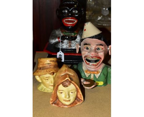 A QUANTITY OF ASSORTED MONEY BOXES/BANKS, to include cast aluminium gentleman wearing a clown style hat (base marked TAG Burn