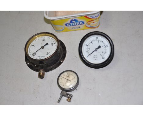 TWO VINTAGE PRESSURE GAUGES, one construct from brass with a 4in dial the other pressed steel with a 3 1/2in dial and a dial 