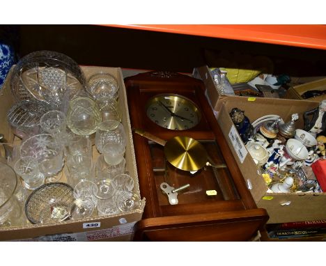 THREE BOXES OF CERAMICS, GLASS, WOODEN AND METAL ITEMS AND WALL CLOCK, to include one box of cut and engraved glass and cryst