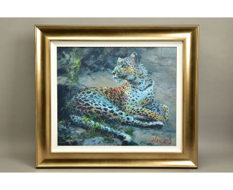 ROLF HARRIS (AUSTRALIAN 1930) 'LEOPARD RECLINING AT DUSK', signed limited edition print 24/195, with certificate, approximate