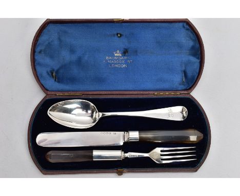 A CASED VICTORIAN SILVER AND AGATE THREE PIECE CHRISTENING SET, the Morocco case with retailers name to silk and velvet lined