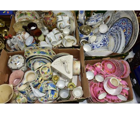 FOUR BOXES OF CERAMICS TEA/DINNERWARES, ORNAMENTS, etc, to include Masons Regency/Strathmore teawares, etc, Nao Duck, a pair 