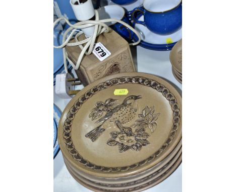 GROUP OF POOLE POTTERY DECORATED WITH BIRDS AND ANIMALS, comprising a cube shaped lamp (height approximate 19cm including fit
