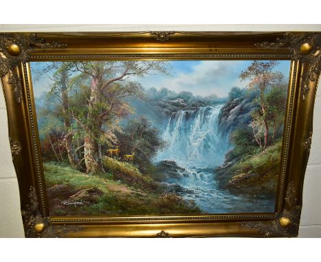 R. DANFORD (20TH CENTURY) a waterfall landscape with deer, signed bottom left, oil on canvas, gilt framed, approximate size 4