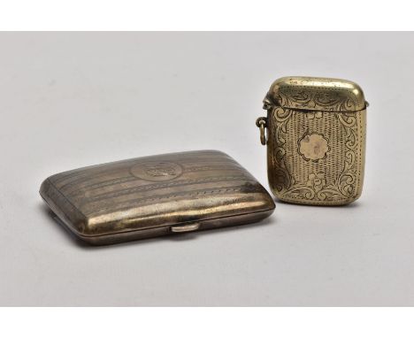 A SILVER CIGRETTE CASE AND A WHITE METAL VESTA, the cigarette case of an engine turned design, engraved monogram to the front