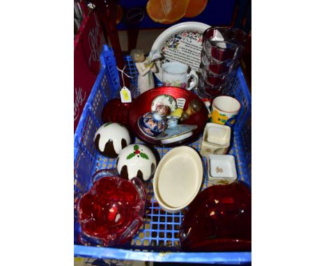 A BOX OF CERAMIC AND GLASS ITEMS to include six pieces of red glassware, including Whitefriars style, Cube Teapot Ltd cream j