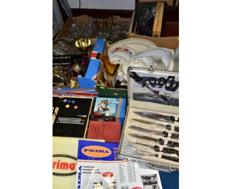 METAL CASED PRIMA KNIFE SET, LARGE PICTURE AND FOUR BOXES OF CERAMICS, GLASS, METALWARE, PICTURES, RECORDS, etc, to include a