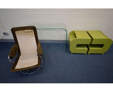 A MODERN CURVED GLASS SIDE TABLE, a pair of green bedside cabinets/coffee table and a chrome and brown upholstered swivel arm