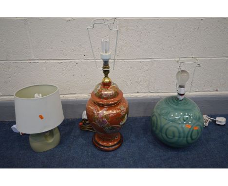 A ORIENTAL CERAMIC TABLE LAMP, height 42cm together with a green spherical table lamp and another (3)