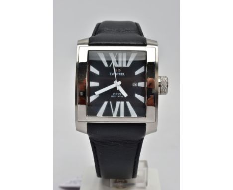 A GENTS 'TW STEEL' WRISTWATCH, large black rectangular dial signed 'TW Steel CEO Goliath', Roman numeral twelve and six inter