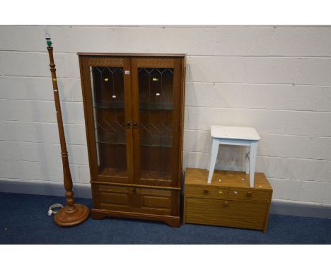 AN OAK TWO DOOR DISPLAY CABINET, width 84cm x depth 30cm x height 158cm and a teak effect cabinet, standard lamp and stool (4