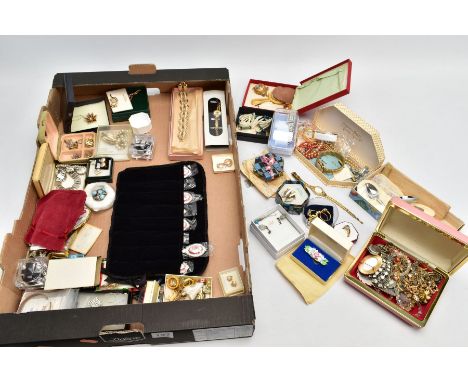 A BOX OF MOSTLY COSTUME JEWELLERY, to include a small quantity of ladies wristwatches such as 'Sekonda, Timex, Limit' etc, im