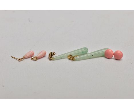 THREE PAIRS OF EARRINGS, the first a pair of dyed crackled quartz drop earrings, posts stamped 9ct, the second a pair of shor