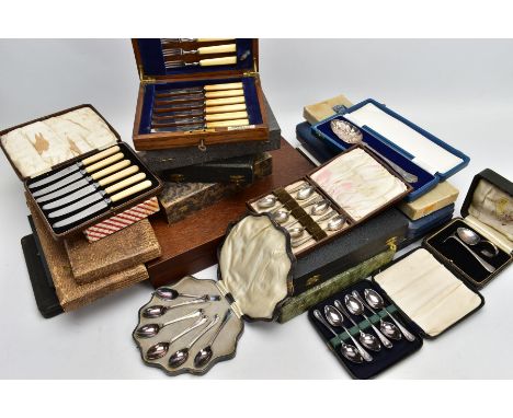 A BOX CONTAINING CASED SETS OF CUTLERIES AND AN IMCOMPLETE CANTEEN OF CUTLERY, cased sets of white metal ware such as teaspoo