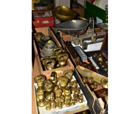 THREE BOXES AND LOOSE SCALES, WEIGHTS, etc, to include various brass bell weights 4lb to 1/4oz and other weights, postal scal