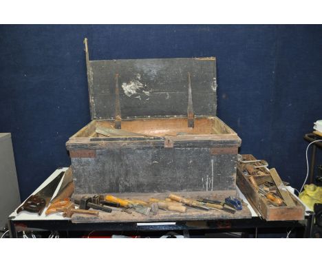 A VINTAGE WOODEN TOOLCHEST with two trays width 88cm depth 56cm height 39cm (top separated and losses) containing a quantity 