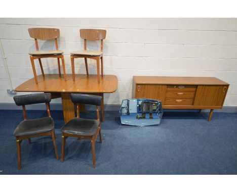 A SCHREIBER 5FT SIDEBOARD, gate leg table and two pairs of chairs together with a bevel edged wall mirror (7)