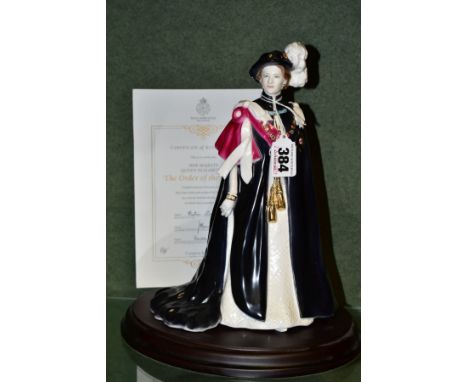 A ROYAL WORCESTER LIMITED EDITION FIGURE OF 'HER MAJESTY QUEEN ELIZABETH II - THE ORDER OF THE GARTER', No.393/4500, with cer