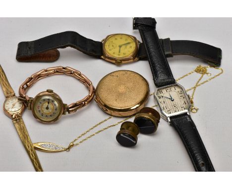 A BAG OF ASSORTED ITEMS, to include two ladies gold-plated wristwatches, a gents gold-plated wristwatch, another gents silver