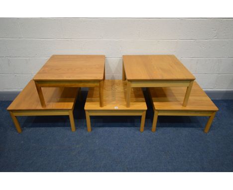 FIVE MATCHING ERCOL SQUARE TOPPED COFFEE TABLES, 64cm squared x height 33cm