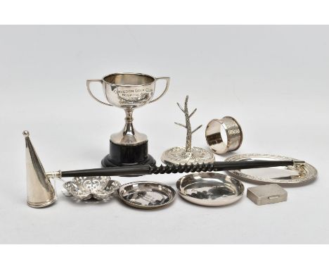 A BOX OF ASSORTED SILVER ITEMS, to include an oval shaped trinket dish with a decorative floral rim, hallmarked Sheffield 199