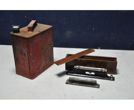 A VINTAGE RABONE 12in MACHINE LEVEL in mahogany case, a Rabone 8in Machine level (Sd) and a vintage fuel can with a brass cap
