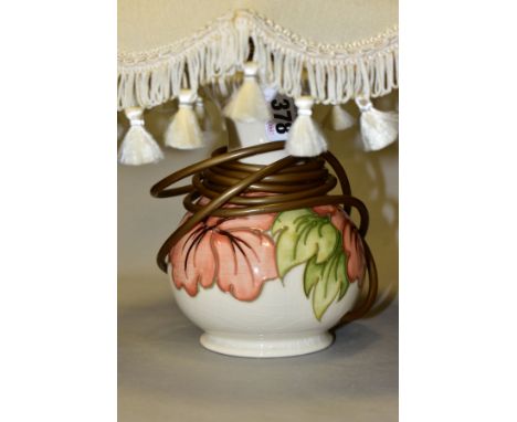 A MOORCROFT POTTERY BALUSTER TABLE LAMP, decorated with coral Hibiscus on a cream ground, impressed marks to the base, height