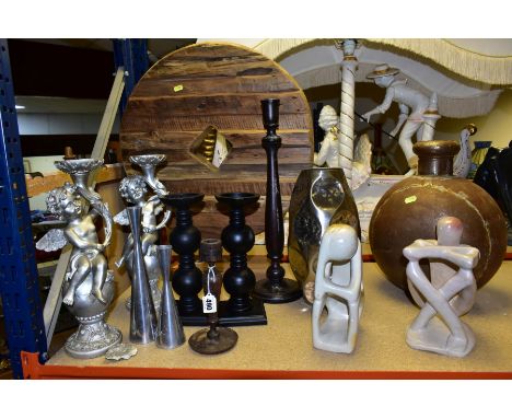 GROUP OF VASES, CANDLEHOLDERS AND HOME DECOR comprising three pairs of candlesticks of different styles one of the cherub can