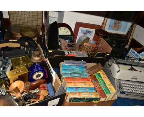 THREE BOXES OF BOOKS AND ASSORTED ITEMS to include vintage case containing musical instruments, two typewriters, crucifix, pr