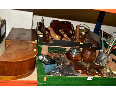 TWO BOXES OF TREEN AND METAL ITEMS, SEWING BOX AND WRITING SLOPE, to include a semi-circular sewing box containing vintage se